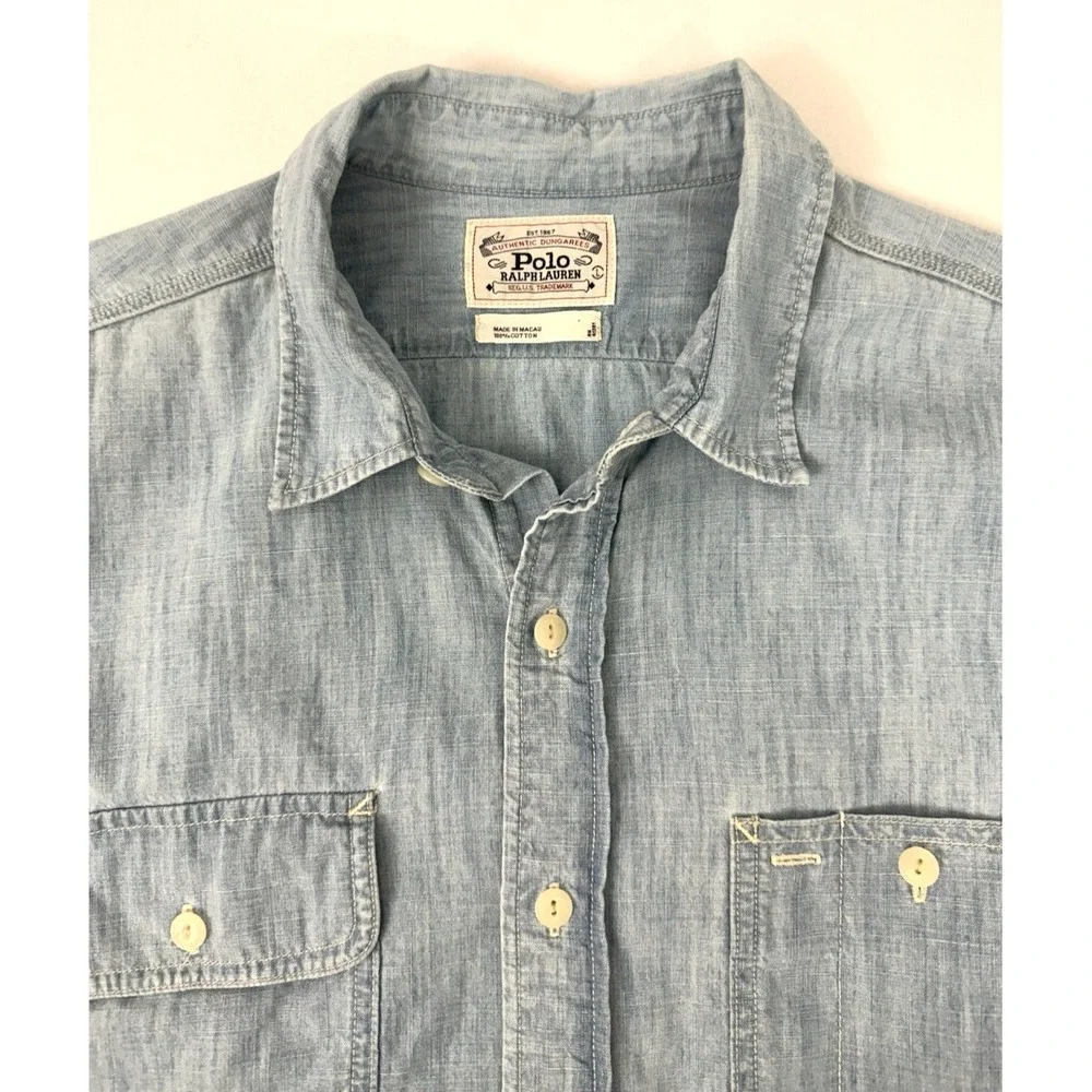 VTG 90s Polo Ralph Lauren Authentic Dungaree Chambray Shirt Mens L Blue Long Slv
